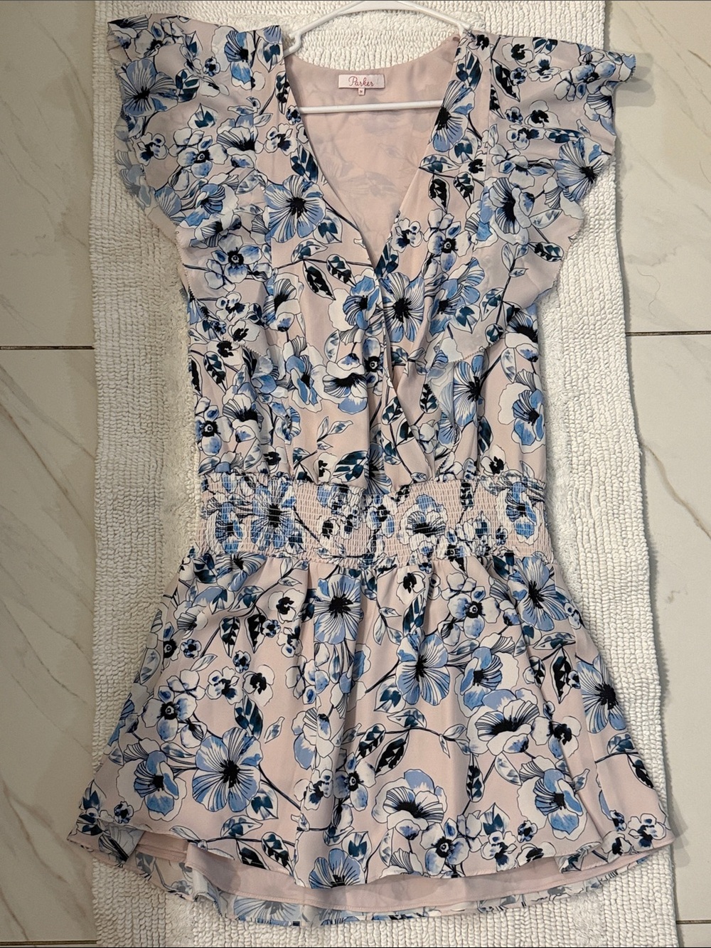 Parker Floral V-Neck Ruffle Dress in Blush and Blue